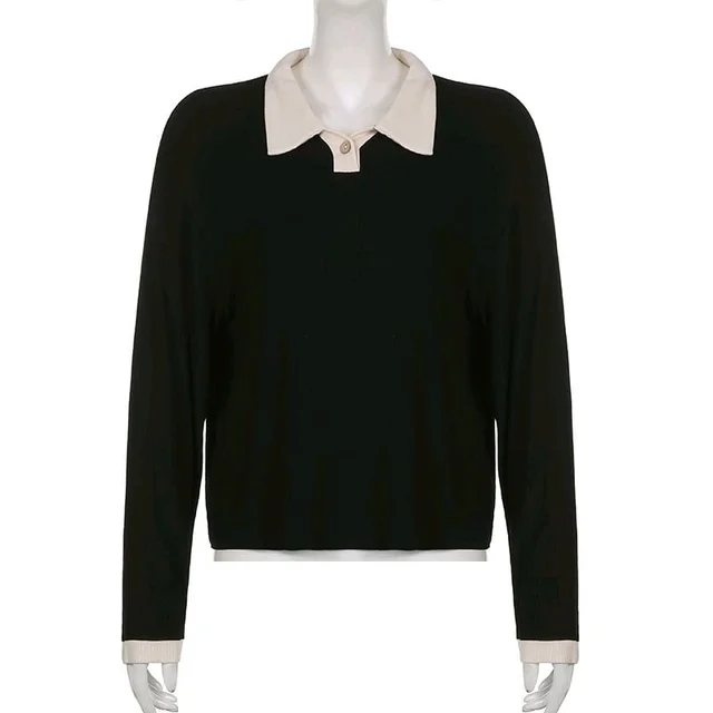 Korean Style T-shirt With Collar Style Cotton Blend Crop Top - Black, L