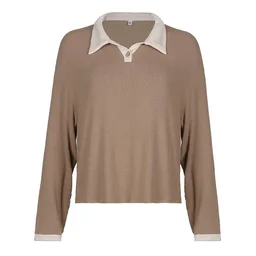 Korean Style T-shirt With Collar Style Cotton Blend Crop Top - Sand Dune, L