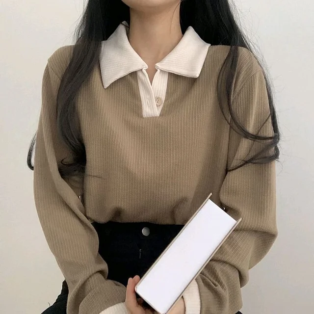 Korean Style T-shirt With Collar Style Cotton Blend Crop Top - Sand Dune, M