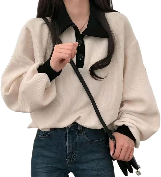 Korean Style T-shirt With Collar Style Cotton Blend Crop Top - Vanilla, S