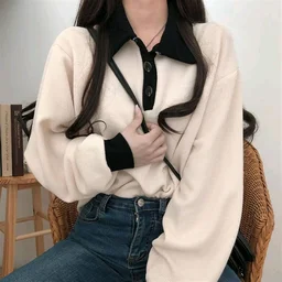Korean Style T-shirt With Collar Style Cotton Blend Crop Top - Vanilla, S