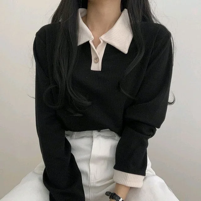 Korean Style T-shirt With Collar Style Cotton Blend Crop Top - Black, S