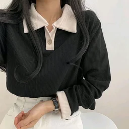 Korean Style T-shirt With Collar Style Cotton Blend Crop Top - Black, S