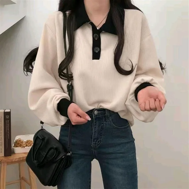 Korean Style T-shirt With Collar Style Cotton Blend Crop Top - Vanilla, XL