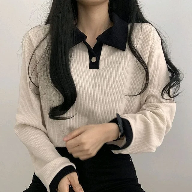 Korean Style T-shirt With Collar Style Cotton Blend Crop Top - Vanilla, XL