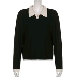 Korean Style T-shirt With Collar Style Cotton Blend Crop Top - Black, XL