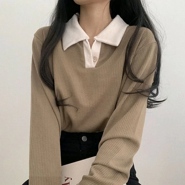 Korean Style T-shirt With Collar Style Cotton Blend Crop Top - Sand Dune, XL