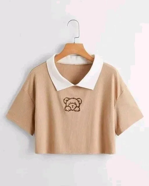 Korean Style T-shirt With Collar Style Cotton Blend Crop Top Comfy Trendy Women Tops & Tunics | Half Sleeves T-Shirt for Women & Girl's
- Cameo, M