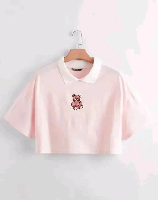 Korean Style T-shirt With Collar Style Cotton Blend Crop Top Comfy Trendy Women Tops & Tunics | Half Sleeves T-Shirt for Women & Girl's
- Bizarre, S