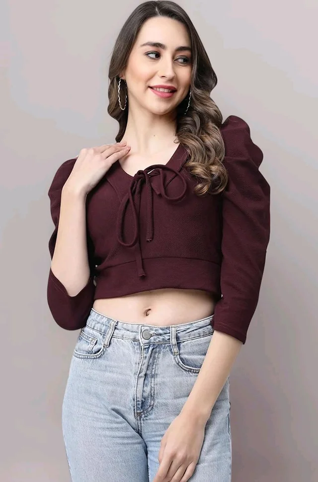 Selvia Women's Lycra Knitted & Solid Crop Top - Crater Brown, L