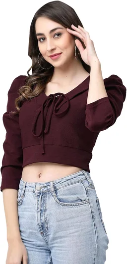 Selvia Women's Lycra Knitted & Solid Crop Top - Crater Brown, L