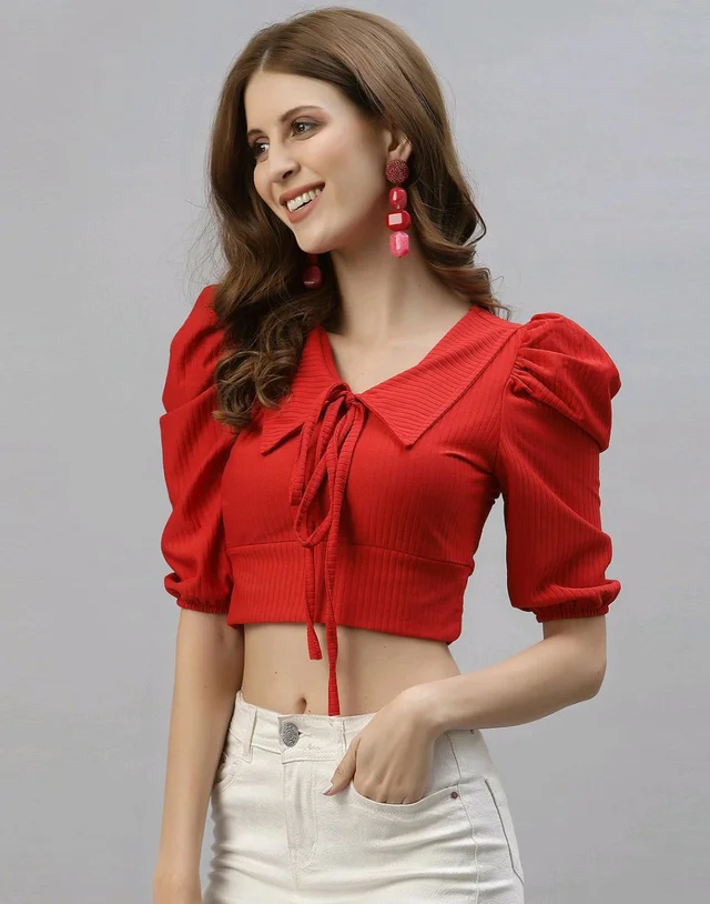 Selvia Women's Lycra Knitted & Solid Crop Top - Red, M