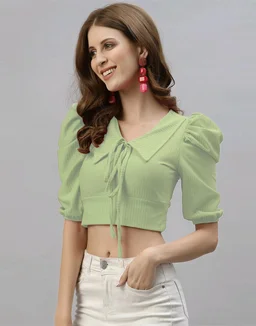 Selvia Women's Lycra Knitted & Solid Crop Top - Sage, M