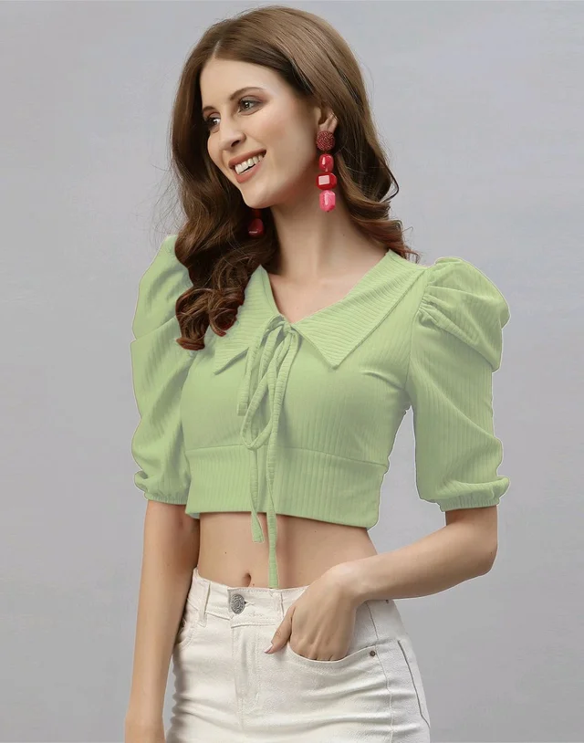 Selvia Women's Lycra Knitted & Solid Crop Top - Sage, M