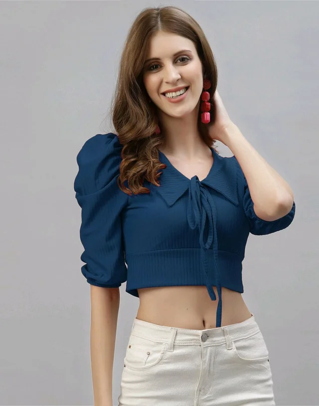 Selvia Women's Lycra Knitted & Solid Crop Top - Nile Blue, M