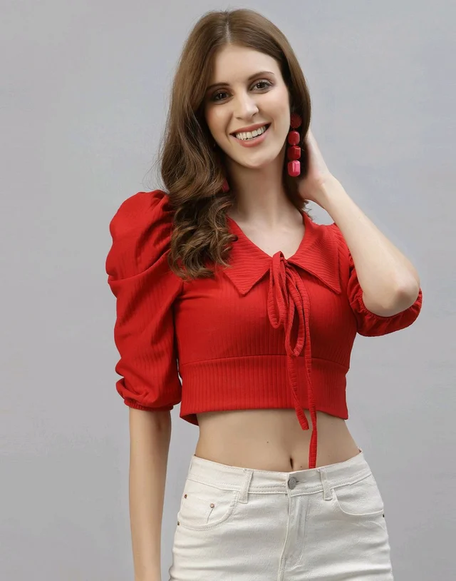 Selvia Women's Lycra Knitted & Solid Crop Top - Red, S