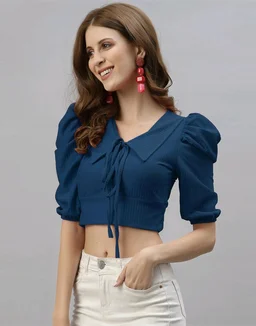 Selvia Women's Lycra Knitted & Solid Crop Top - Nile Blue, S