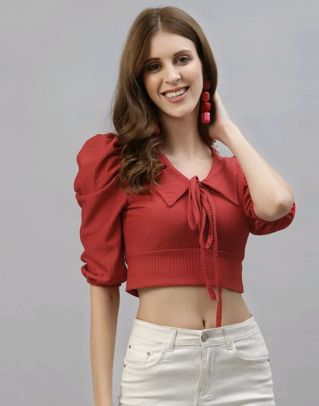 Selvia Women's Lycra Knitted & Solid Crop Top - Medium Carmine, S