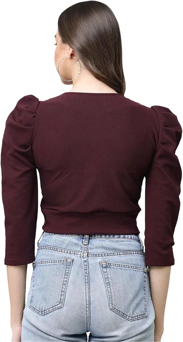 Selvia Women's Lycra Knitted & Solid Crop Top - Crater Brown, S