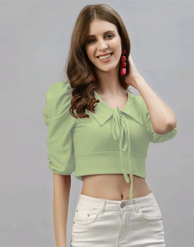 Selvia Women's Lycra Knitted & Solid Crop Top - Sage, XL