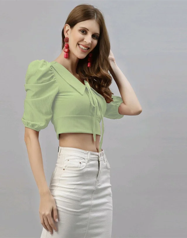 Selvia Women's Lycra Knitted & Solid Crop Top - Sage, XL