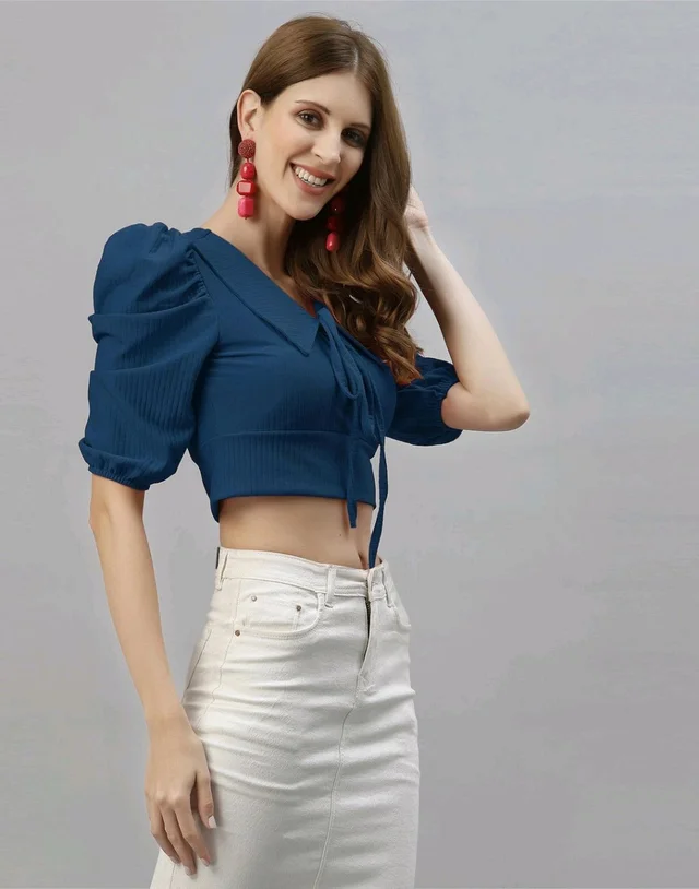 Selvia Women's Lycra Knitted & Solid Crop Top - Nile Blue, XL