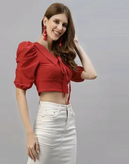 Selvia Women's Lycra Knitted & Solid Crop Top - Medium Carmine, XL