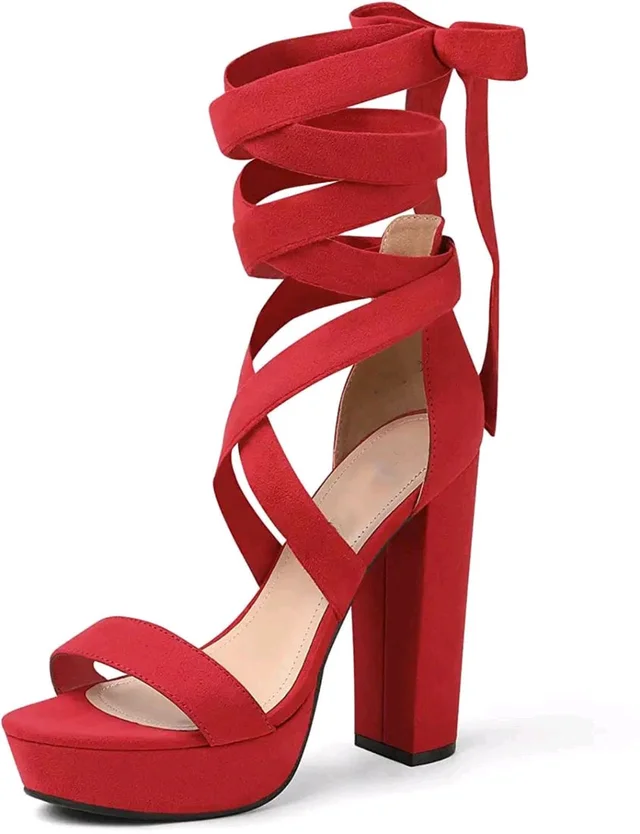 Strappy Open-Toe Chunky Heele... - Red, 2