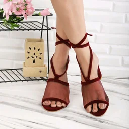 Women's Mesh Block Heel Black Lace Up Sandals - 6
- maroon, 3