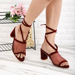 Women's Mesh Block Heel Black Lace Up Sandals - 6
- maroon, 3