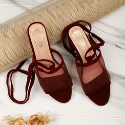 Women's Mesh Block Heel Black Lace Up Sandals - 6
- maroon, 3