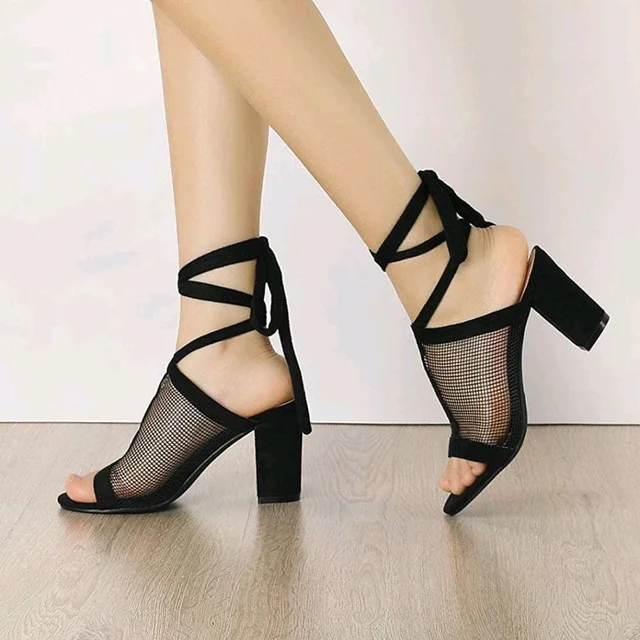 Women's Mesh Block Heel Black Lace Up Sandals - 6
- Black, 5