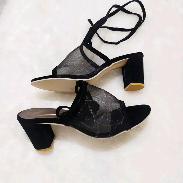 Women's Mesh Block Heel Black Lace Up Sandals - 6
- Black, 5