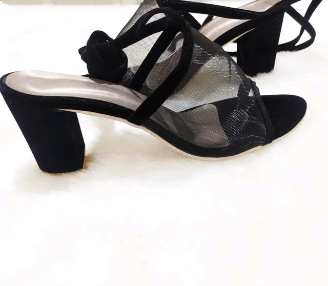 Women's Mesh Block Heel Black Lace Up Sandals - 6
- Black, 5