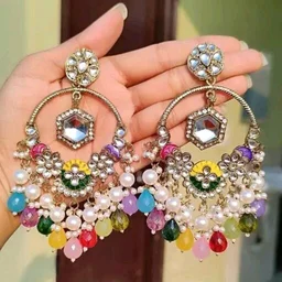 Afghani Multicolor Bollywood Style Kundan Jhumka Earrings Enameled Jewelry Set - Golden, Free Size