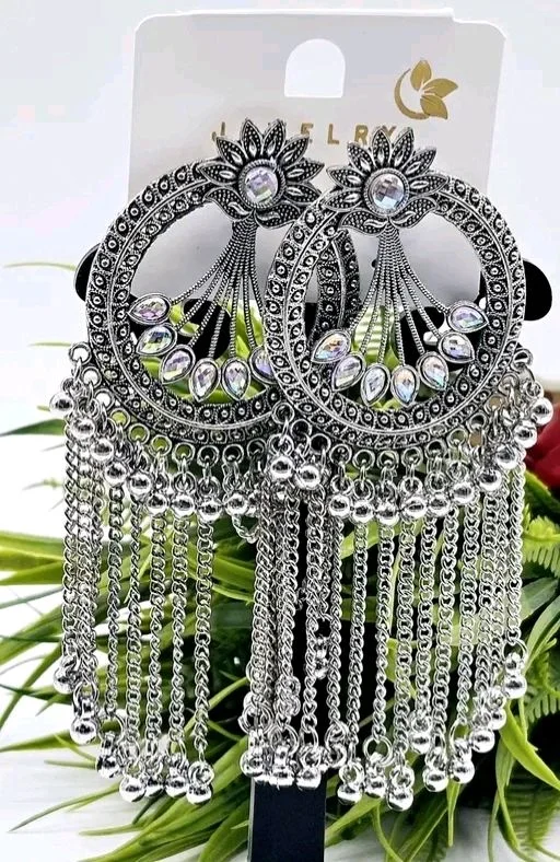Oxidised Heavy Chandbali Jhumki Earrings With AD Stone
- silver, Free Size