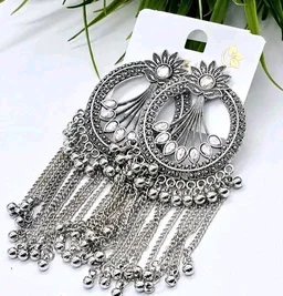 Oxidised Heavy Chandbali Jhumki Earrings With AD Stone
- silver, Free Size