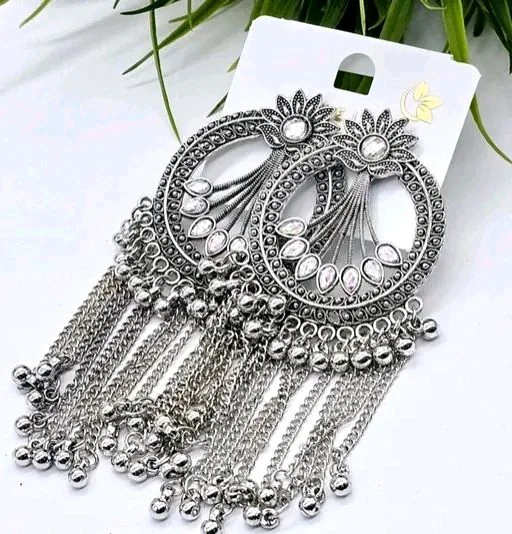 Oxidised Heavy Chandbali Jhumki Earrings With AD Stone
- silver, Free Size