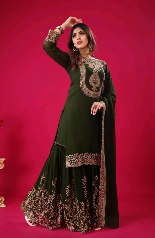 Amazing Yellow Color Faux Georgette With Embroidery Sequence Thread Work Salwar Suit
- Thatch Green, L