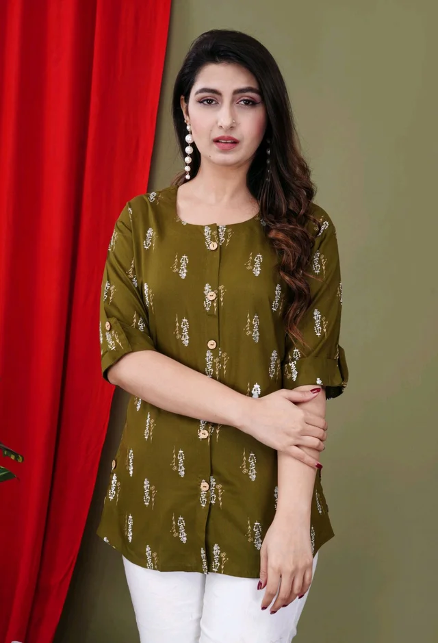 Casual Roll Up Sleeves Printed Women Green, Yellow, White Top
- Mehandi, M