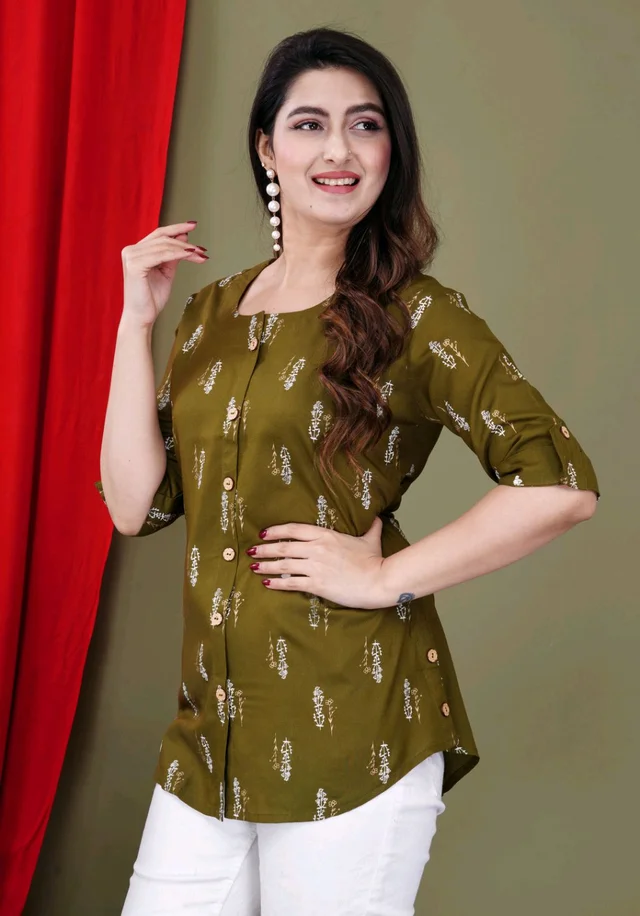 Casual Roll Up Sleeves Printed Women Green, Yellow, White Top
- Mehandi, XL