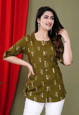 Casual Roll Up Sleeves Printed Women Green, Yellow, White Top
- Mehandi, 2XL