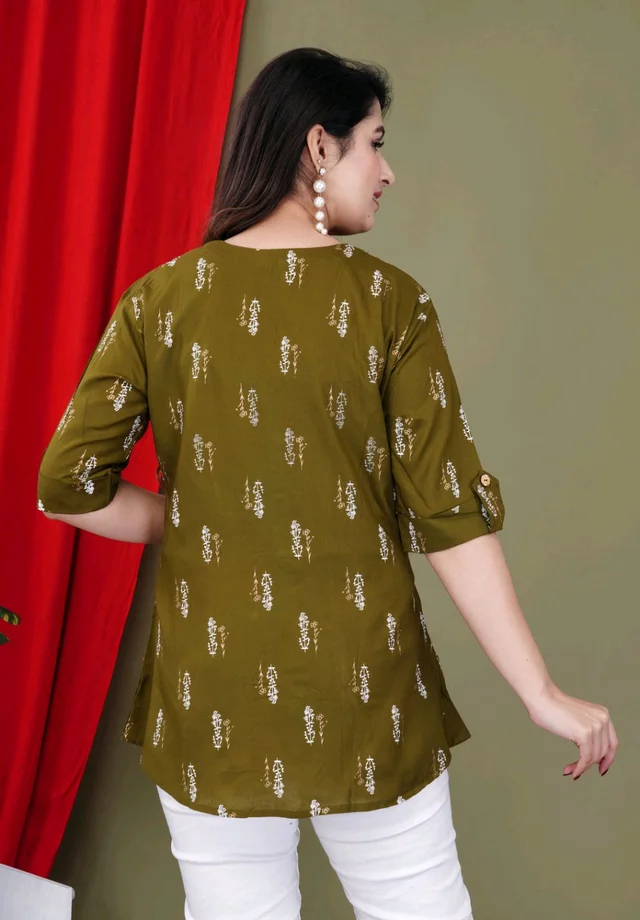 Casual Roll Up Sleeves Printed Women Green, Yellow, White Top
- Mehandi, 3XL