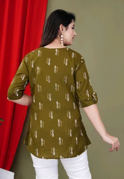 Casual Roll Up Sleeves Printed Women Green, Yellow, White Top
- Mehandi, 5XL