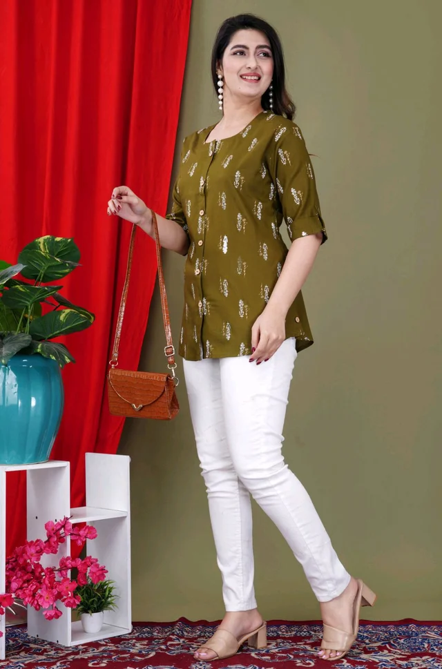Casual Roll Up Sleeves Printed Women Green, Yellow, White Top
- Mehandi, 5XL