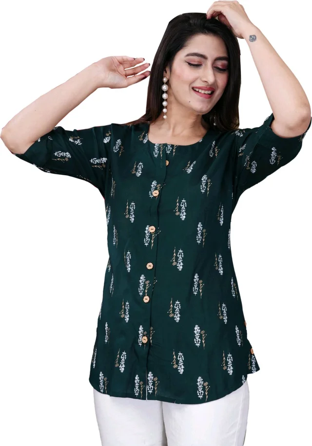 Casual Roll Up Sleeves Printed Women Green, Yellow, White Top
- Dark Green, L