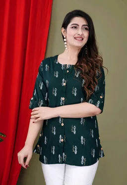Casual Roll Up Sleeves Printed Women Green, Yellow, White Top
- Dark Green, L