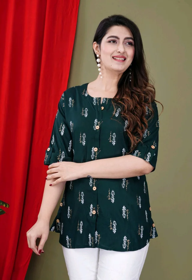 Casual Roll Up Sleeves Printed Women Green, Yellow, White Top
- Dark Green, XL