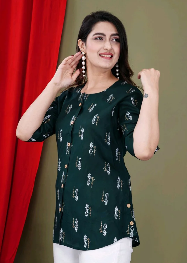 Casual Roll Up Sleeves Printed Women Green, Yellow, White Top
- Dark Green, 2XL