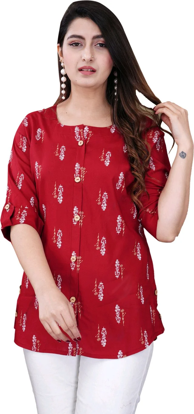 Casual Roll Up Sleeves Printed Women Green, Yellow, White Top
- Maroon, L